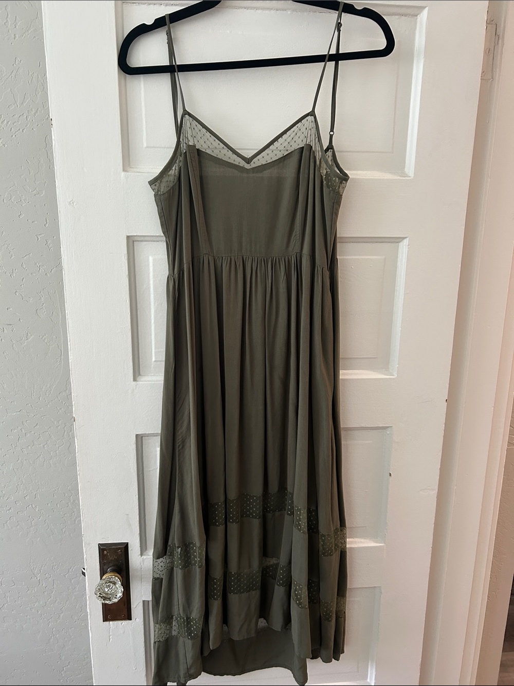Olive Green Midi Slip Dress with Polka Mesh Trim